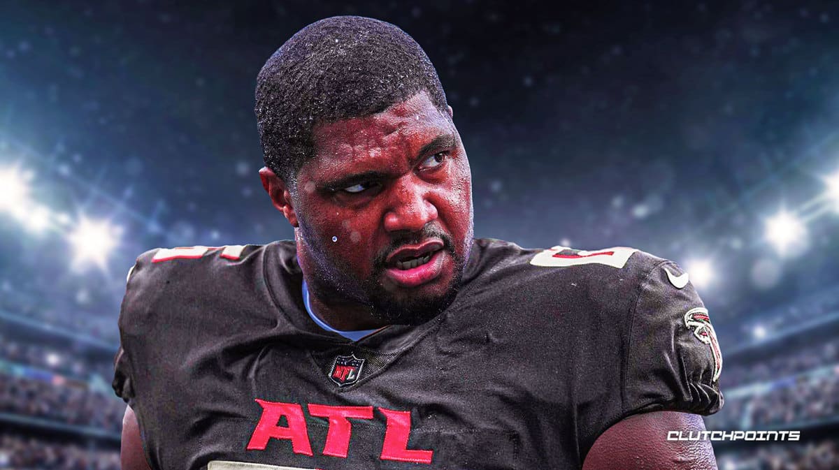 Calais Campbell of the Atlanta Falcons looks on during training