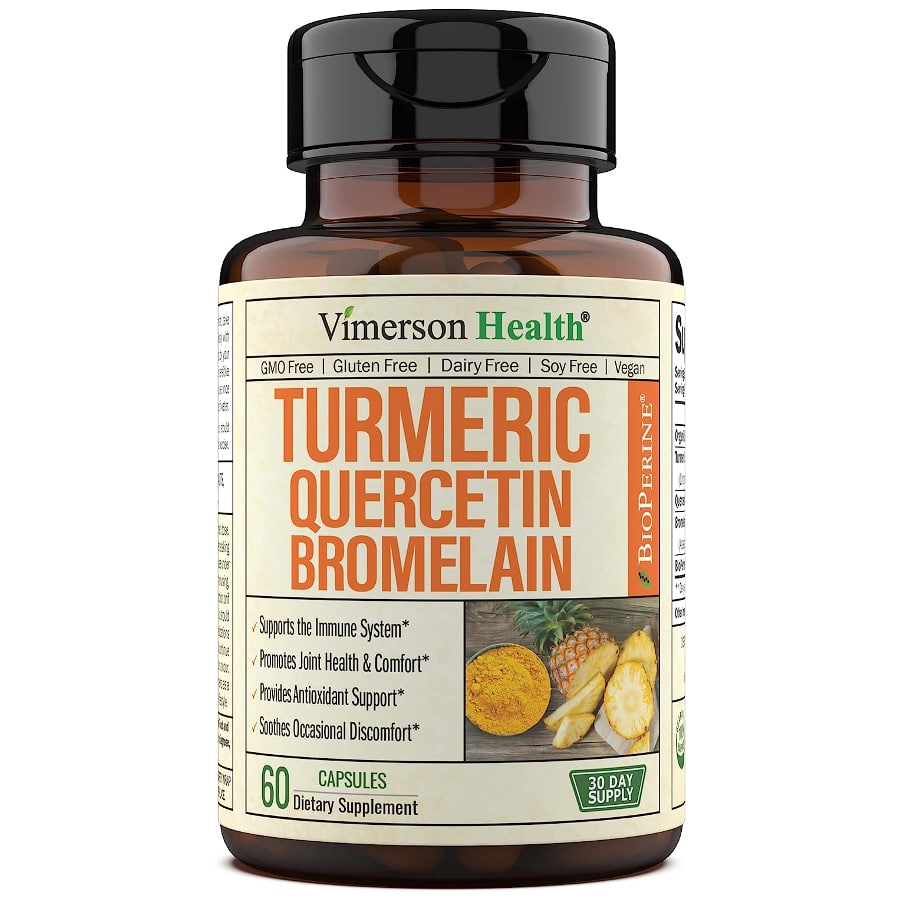 Vimerson Health turmeric curcumin with black pepper, quercetin & bromelain still image against a white background.