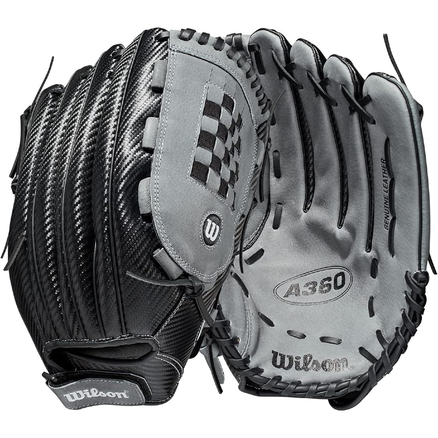 Wilson 2021 A360 Adult Slowpitch Softball Glove - Gray/Black colorway on a white background. 