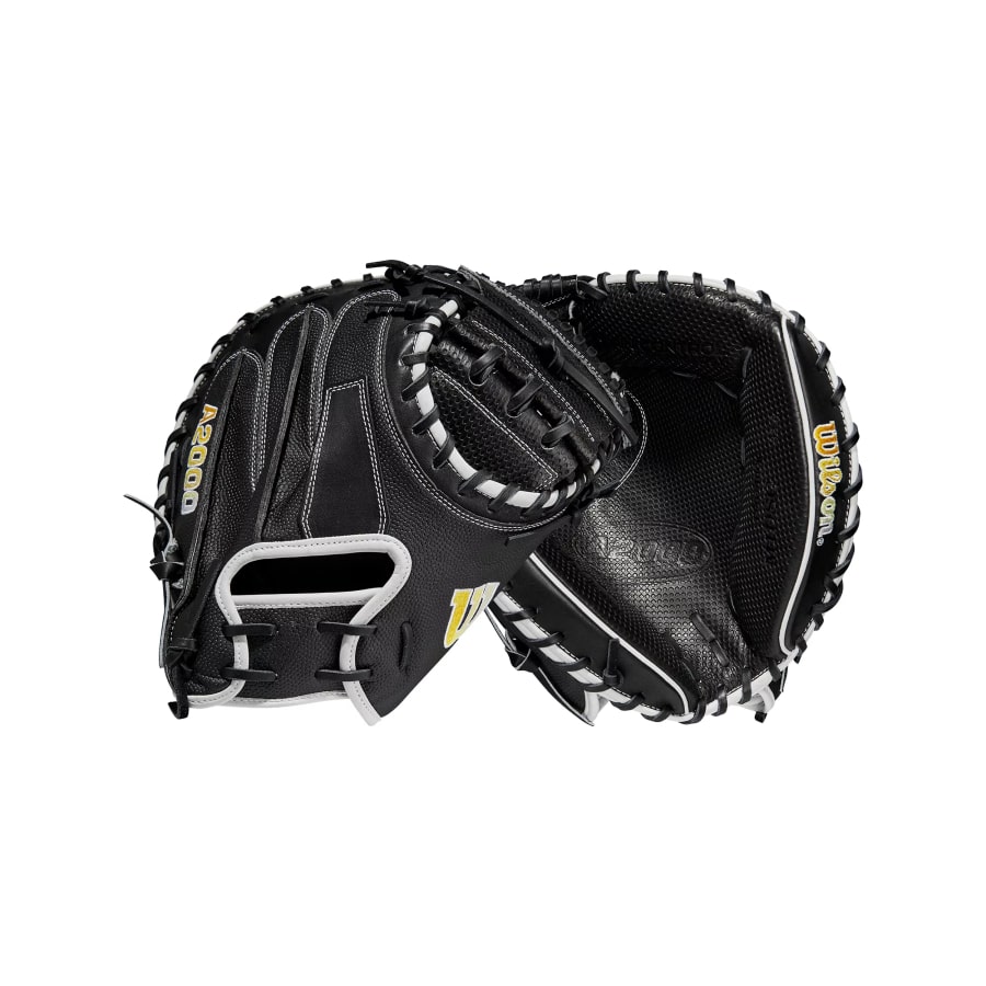 Wilson 33.5'' M1D A2000 SuperSkin Series Catcher's Mitt w/ Spin Control 2023 - Black colored on a white background.