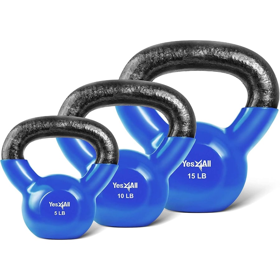 Yes4All vinyl coated kettlebell set - Blue colored on a white background.