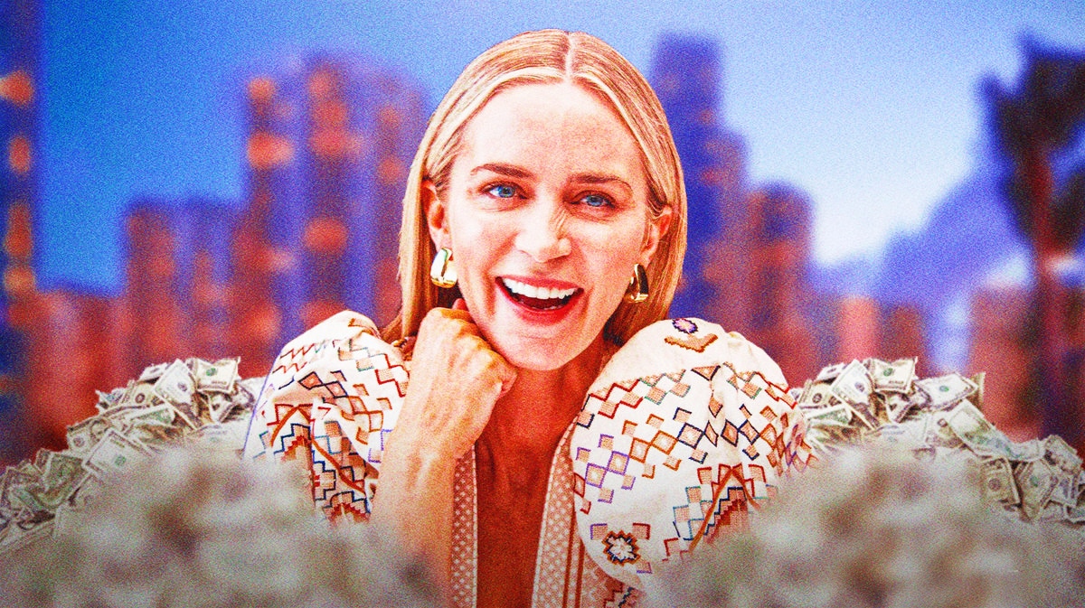 Emily Blunt surrounded by piles of cash.