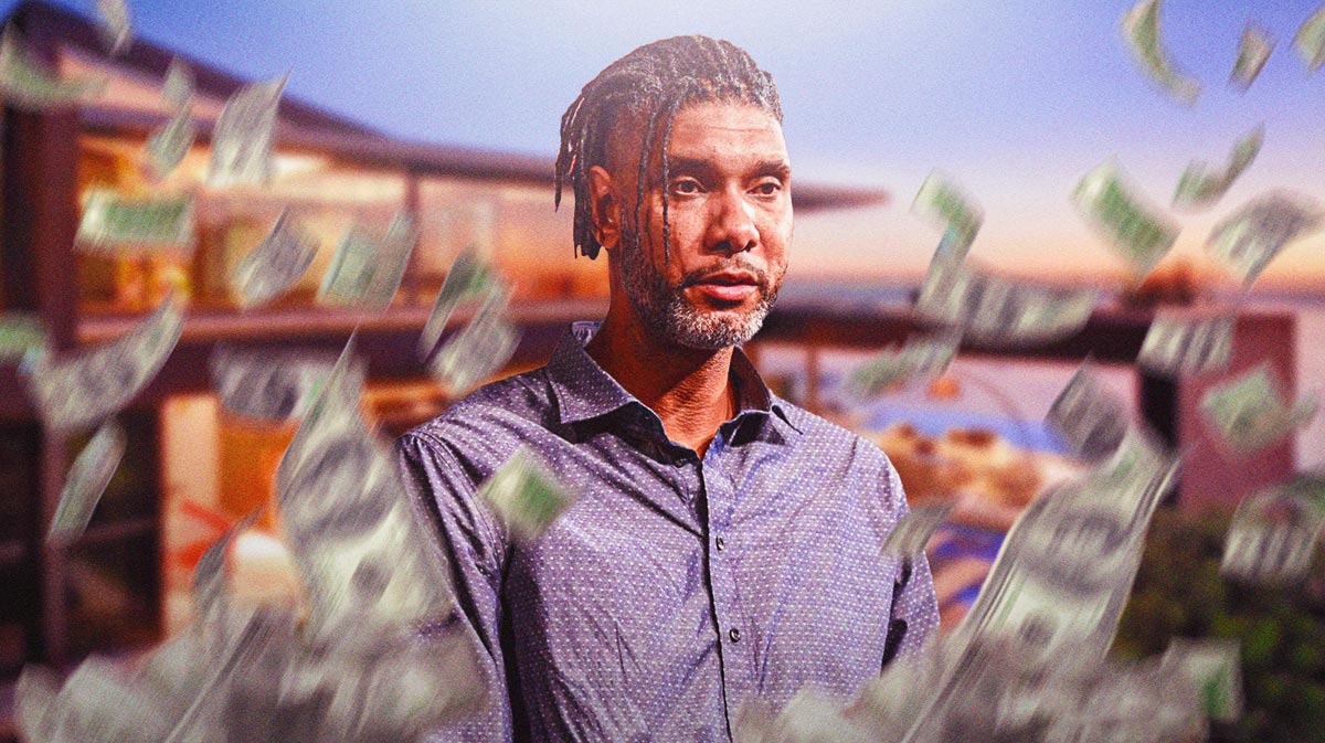 Tim Duncan surrounded by flying cash.
