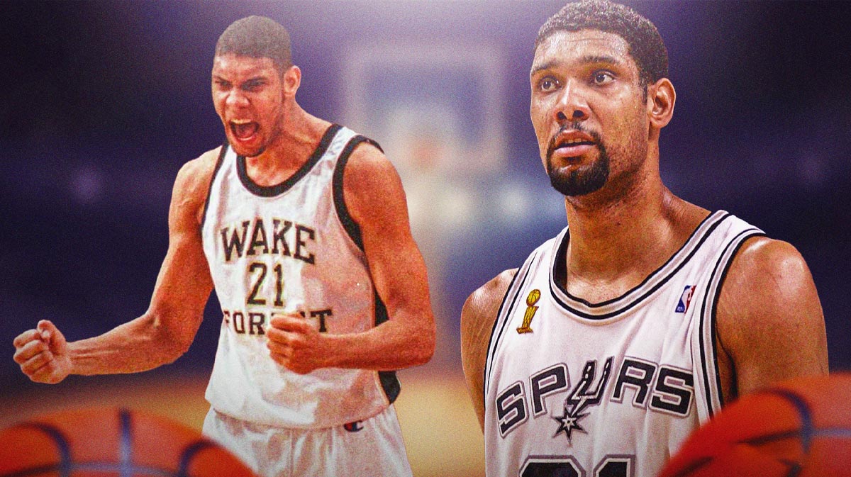 Tim Duncan playing for Wake Forest and the San Antonio Spurs.