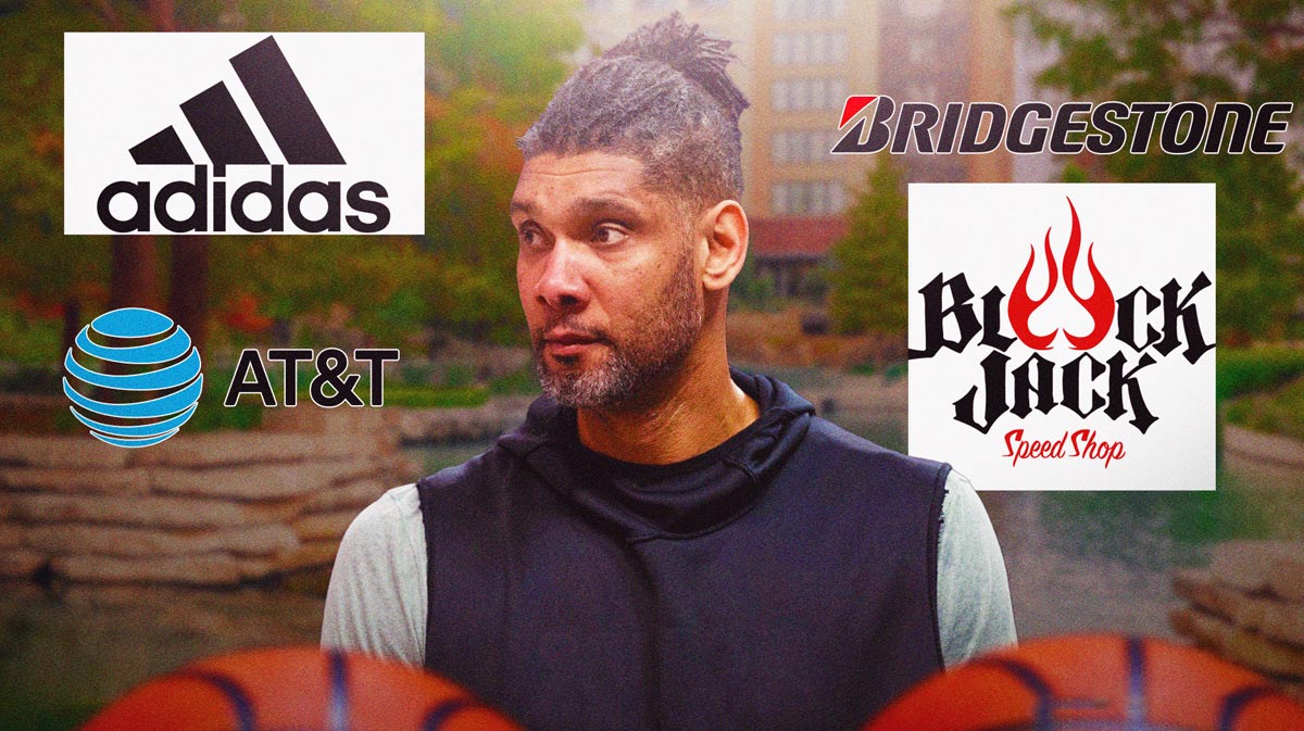 Tim Duncan surrounded by the logos of adidas, AT&T, Bridgestone and Blackjack.