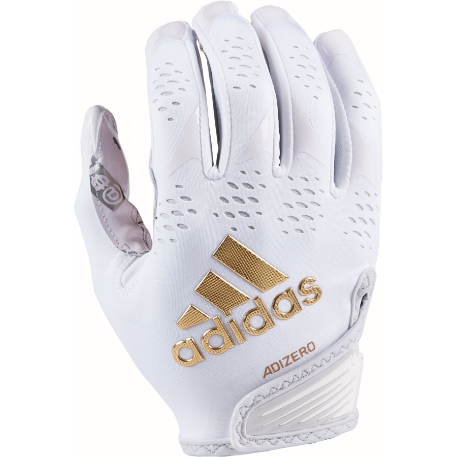 Adidas Adult adizero 12 Big Mood Football Gloves - White/Gold colorway on a white background.