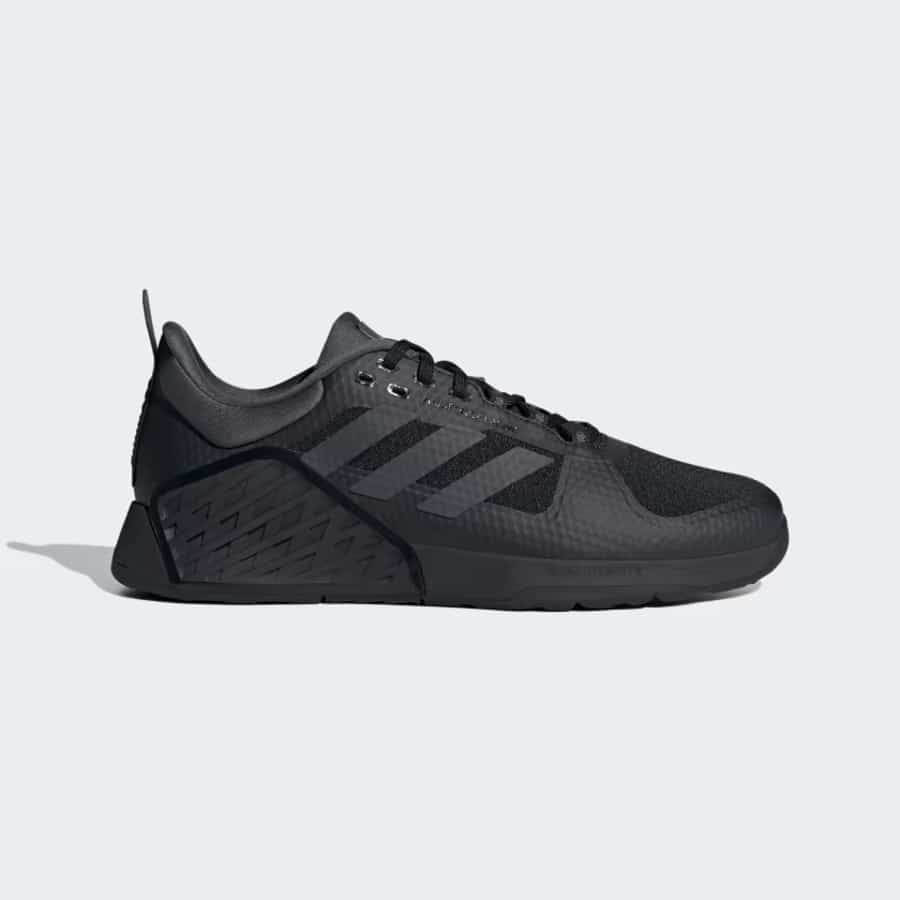 Adidas Dropset 2 Trainer - Core Black/Grey Six/Grey Six colorway on a light gray background. 