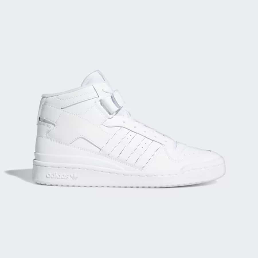 Adidas Forum Mid Shoes - Cloud White/Cloud White/Cloud White colorway on a light gray background. 