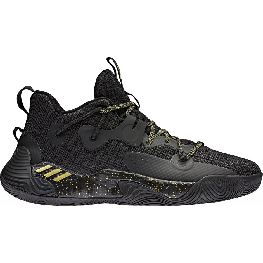 Adidas Harden Stepback 3 Basketball Shoes - Black/Gold/Black colorway on a white background.