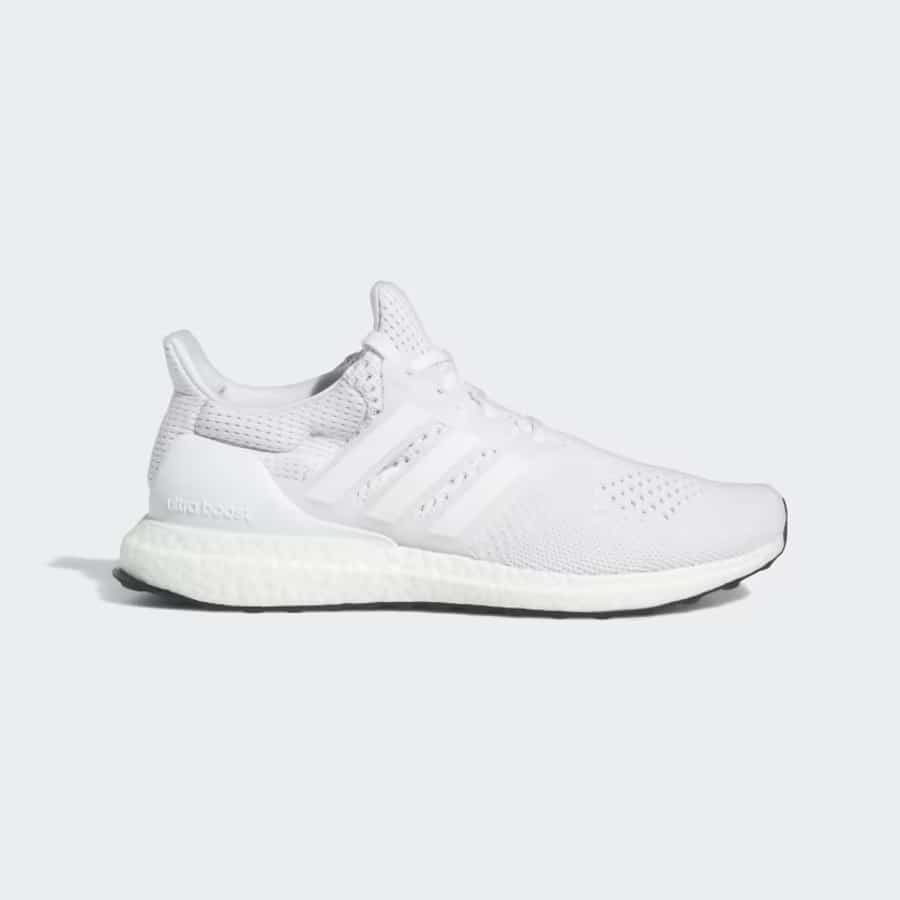 Adidas Ultraboost 1.0 Shoes - Cloud White/Cloud White/Cloud White colorway on a light gray background. 