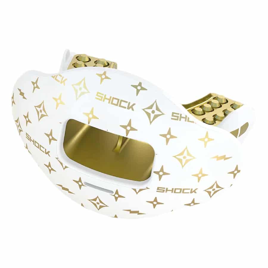 Adult Shock Doctor Lux Max Airflow Football Mouthguard - White/Gold colorway on a white background. 