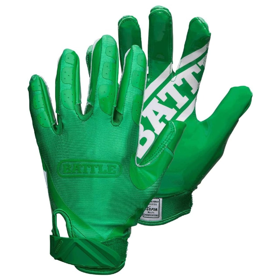 Battle Sports Double Threat Wide Receiver Football Gloves - Kelly Green colored on a white background. 