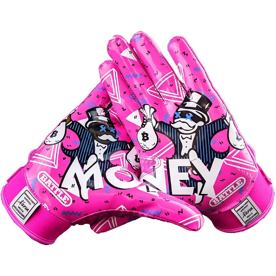 Battle Sports Money Man 2.0 Wide Receiver Football Gloves - Neon Pink colored on a white background.