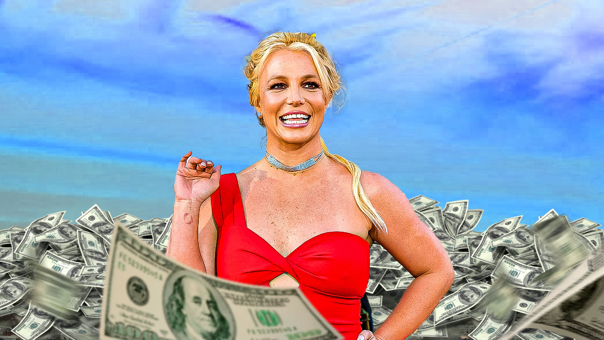Britney Spears surrounded by piles of cash.