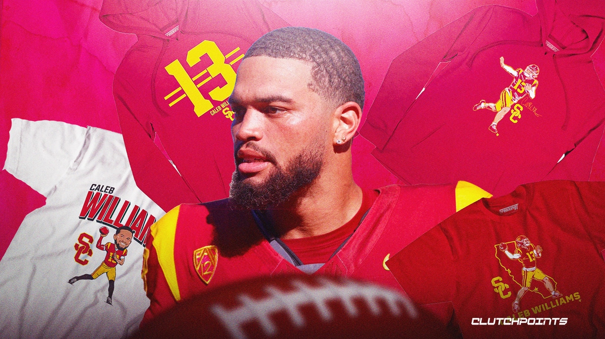 Caleb Williams surrounded by USC merch.