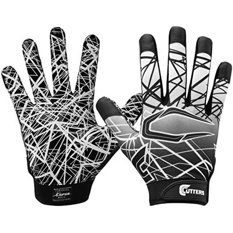 Cutters Game Day No Slip Football Gloves - Black colored on a white background. 