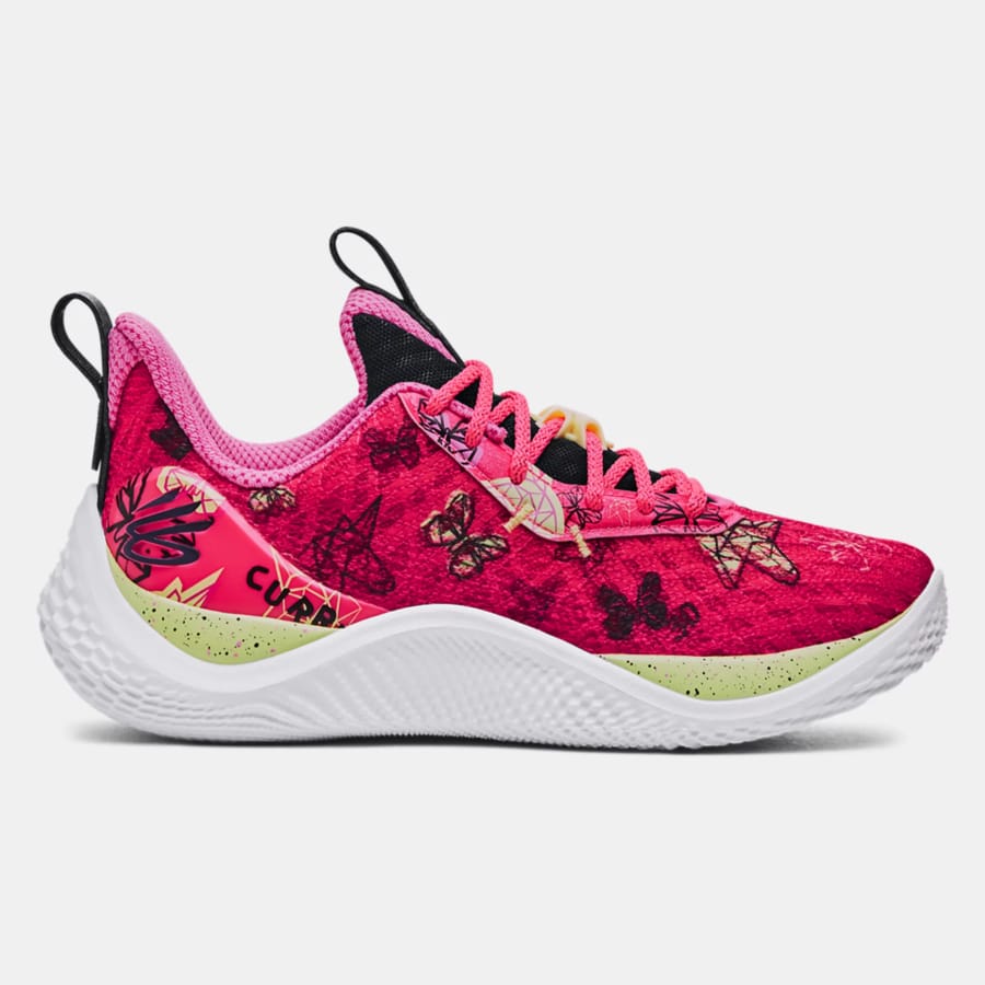 Grade School Curry Flow 10 'Unicorn & Butterfly' Basketball Shoes - Pink Shock/Black/Metallic Downpour Gray colorway on a light gray background.