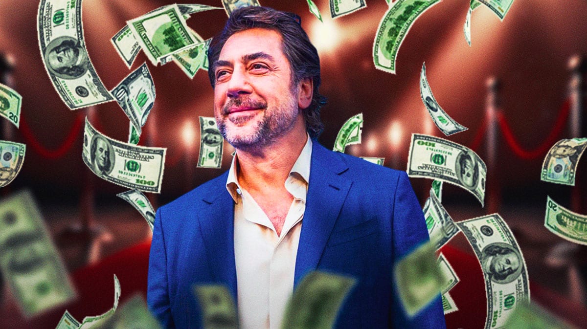 Javer Bardem surrounded by piles of cash.