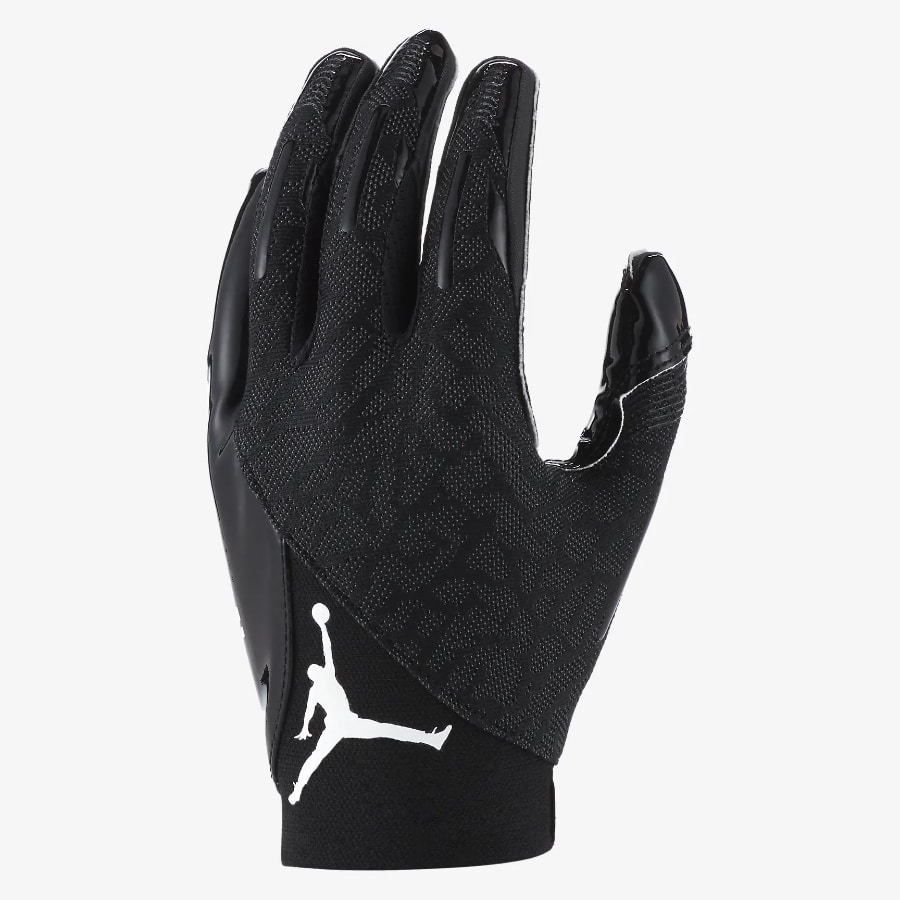 Jordan Knit Football Gloves - Black colored on a light gray background. 