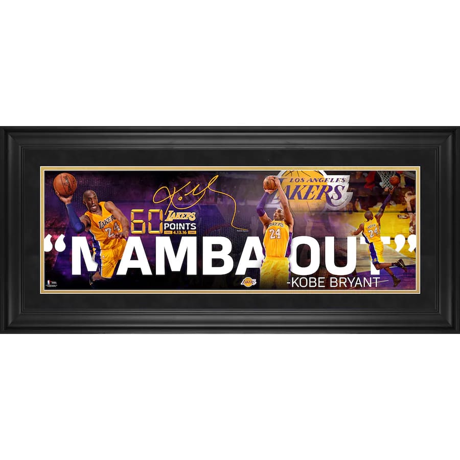 Kobe Bryant Los Angeles Lakers Fanatics Authentic Framed 10" x 30" Mamba Out Collage  on a white background. 