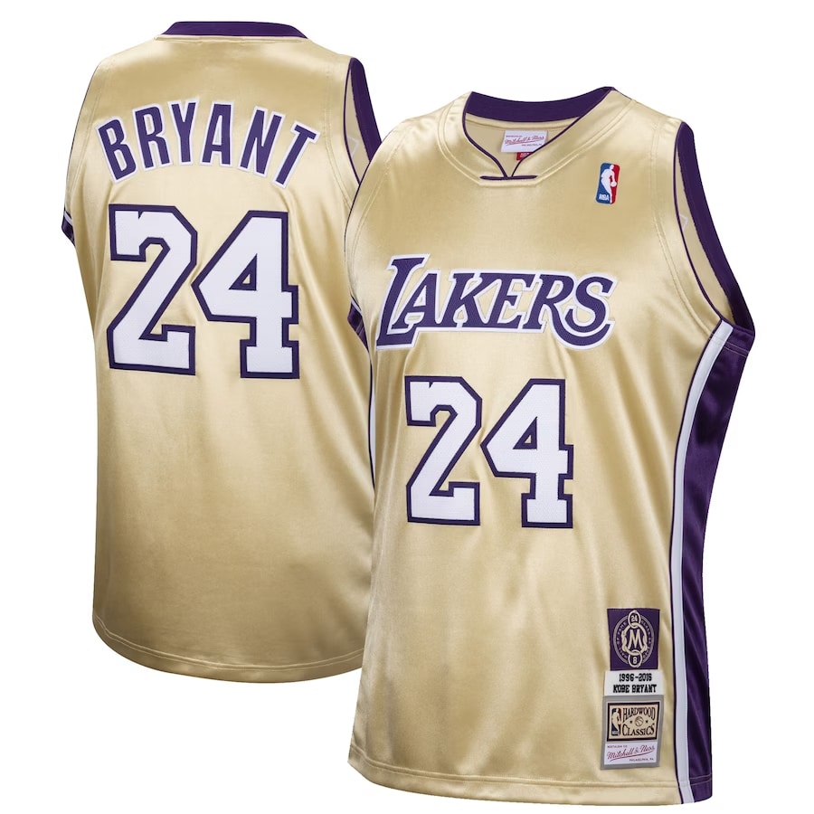 Kobe Bryant Los Angeles Lakers Mitchell & Ness Hall of Fame Class of 2020 #24 Authentic Hardwood Classics Jersey - Gold on a white background. 