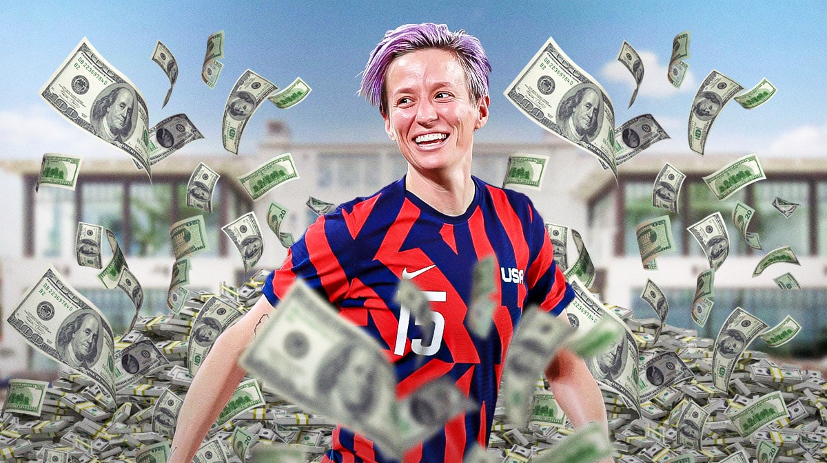 Megan Rapinoe surrounded by piles of cash.