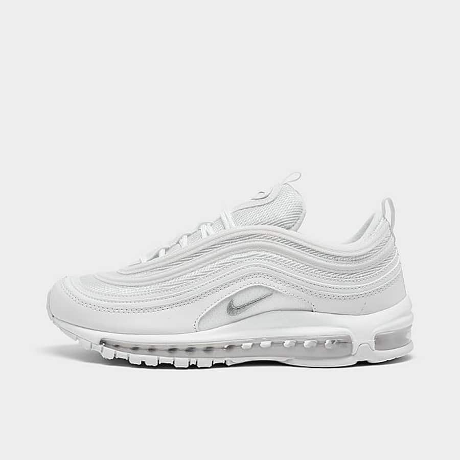 Men's Nike Air Max 97 Shoes - White/Wolf Grey/Black  colorway on a light gray background. 