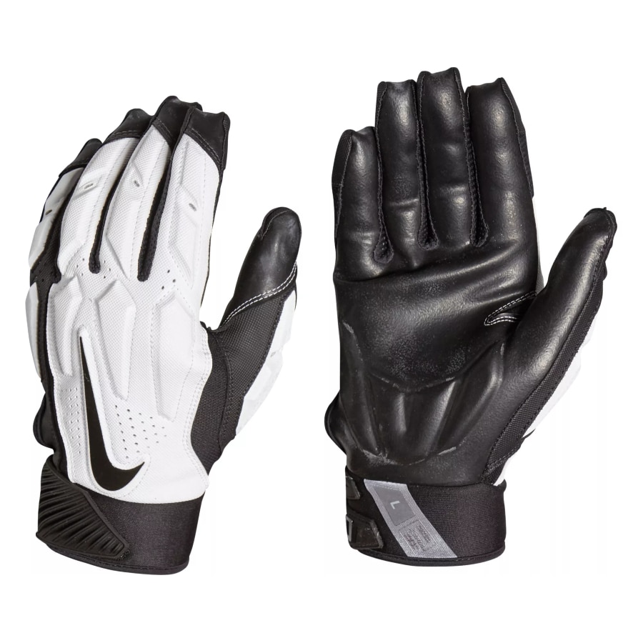 Nike Adult D-Tack 6.0 Lineman Gloves - White/Black colorway on a white background. 