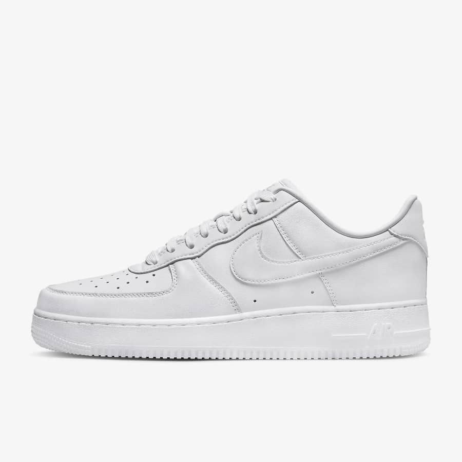 Nike Air Force 1 '07 Fresh - White/White/White colorway on a light gray background. 