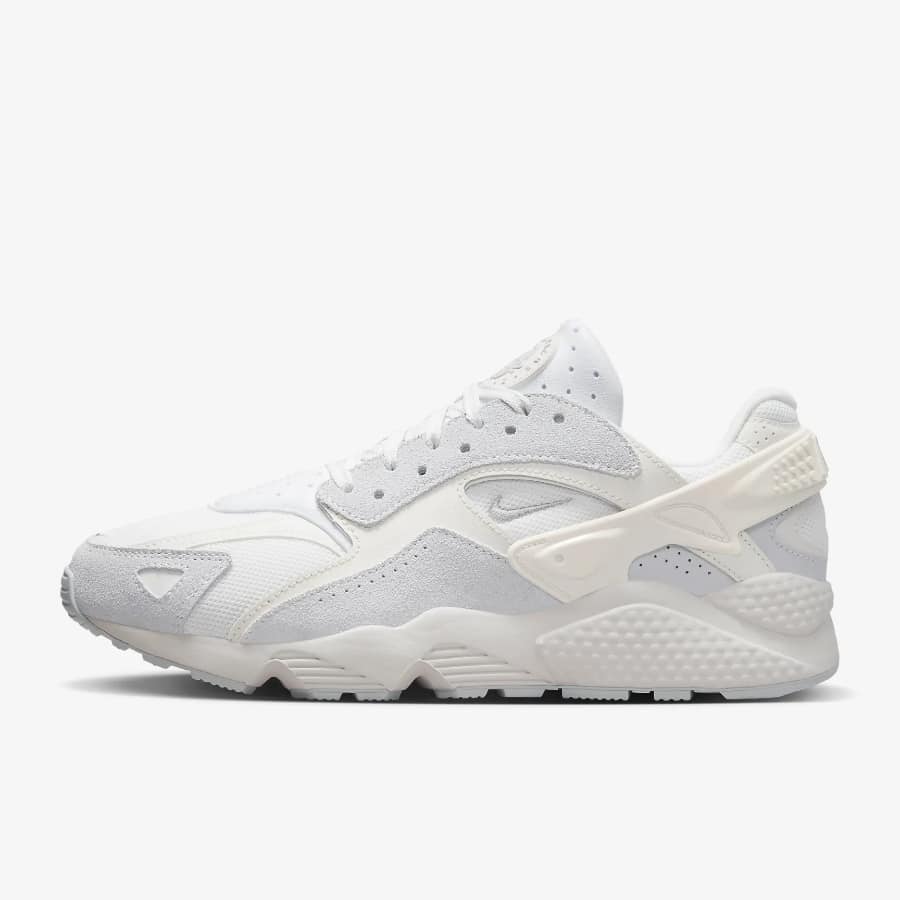 Nike Air Huarache Runner -Summit White/White/Pure Platinum/Metallic Silver colorway on a light gray background.