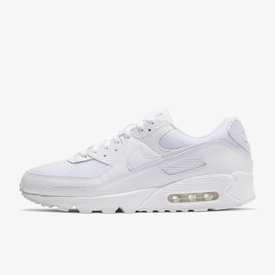 Nike Air Max 90 - White/White/Wolf Grey/White colorway on a light gray background. 