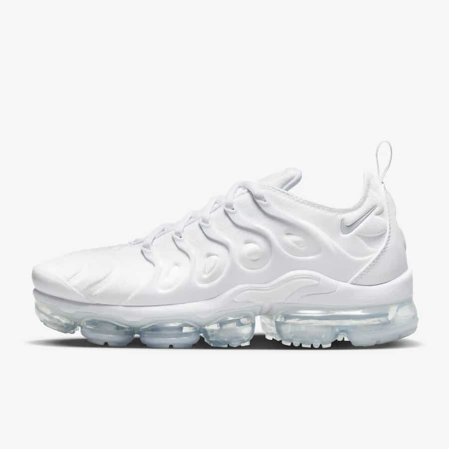 Nike Air VaporMax Plus - White/Pure Platinum/White colorway on a light gray background.