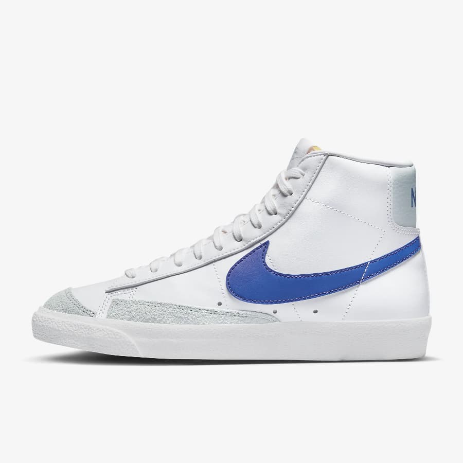 Nike Blazer Mid '77 Vintage - White/Pure Platinum/Game Royal colorway on a light gray background.