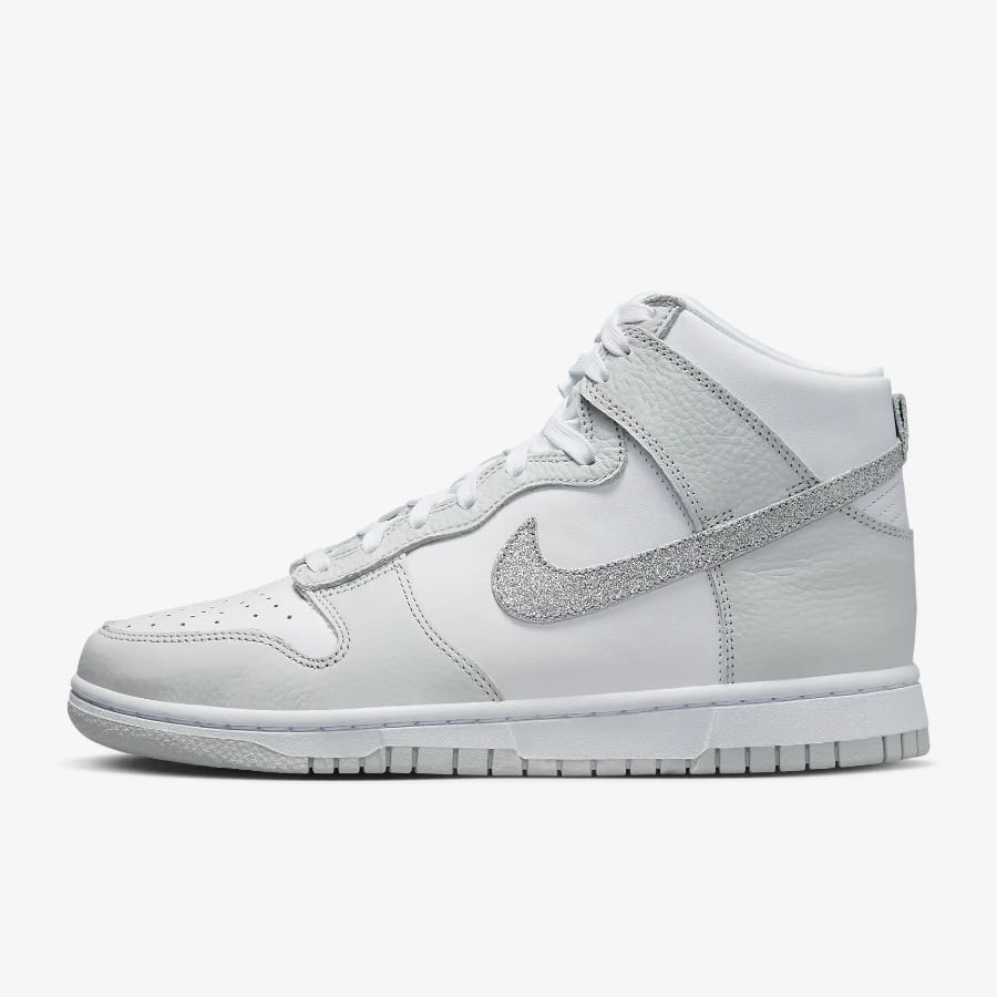 Nike Dunk High Women's - White/Photon Dust/Metallic Silver colorway on a light gray background.