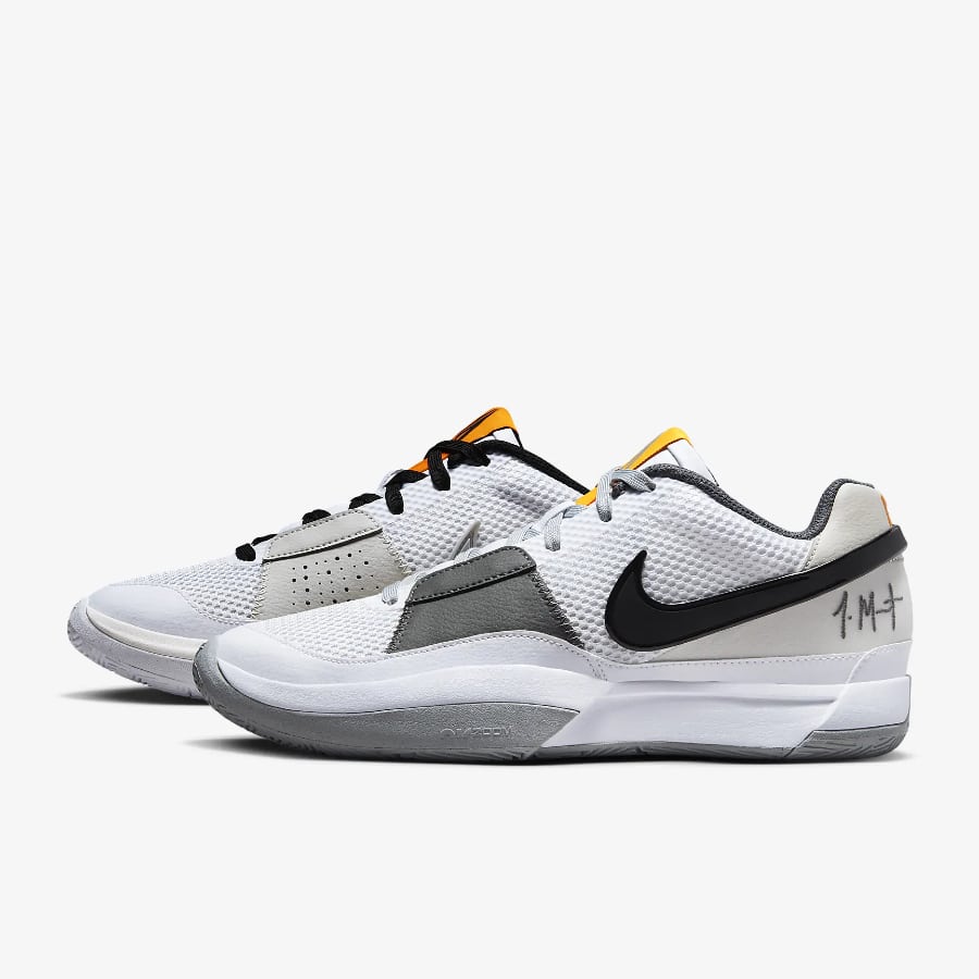 Nike Ja 1 "Wet Cement" -White/Black/Phantom/Light Smoke Grey colorway on a light gray background.