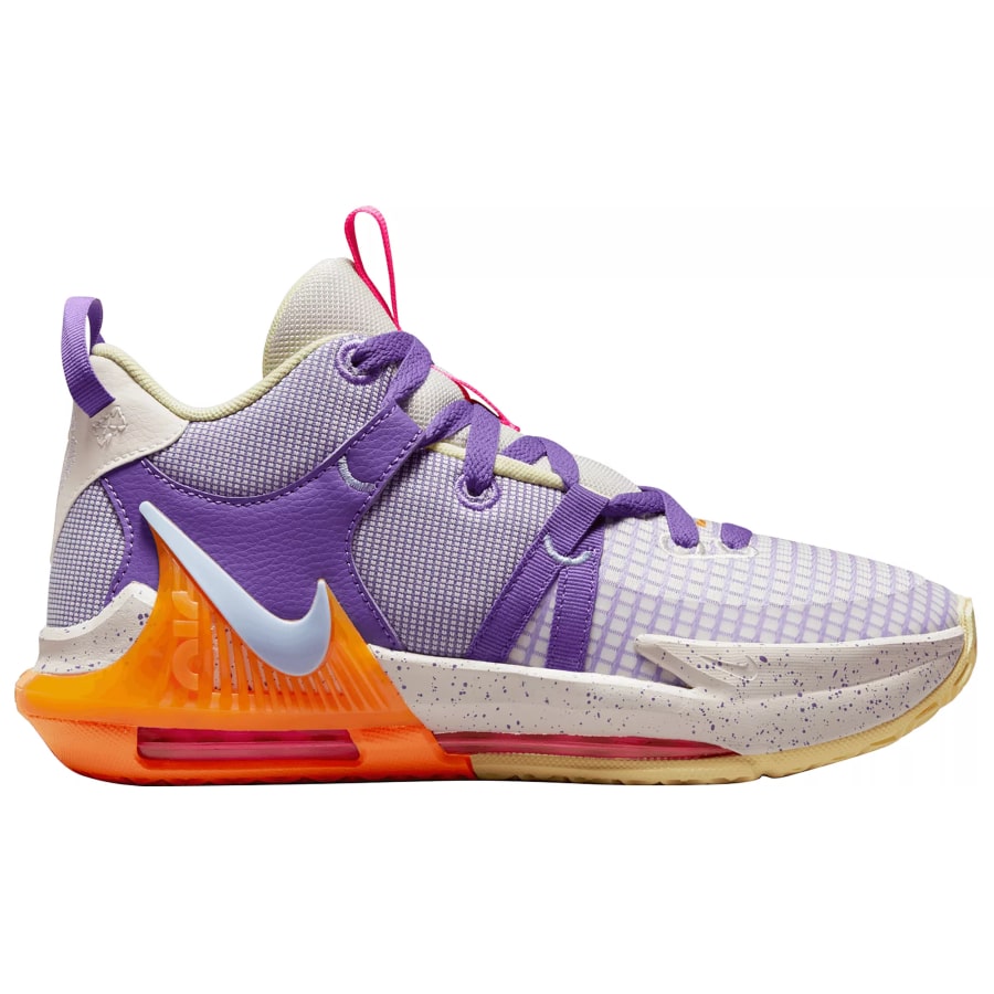Nike Kids' Grade School Lebron Witness 7 Basketball Shoes - Purple/Orange/White colorway on a white background. 