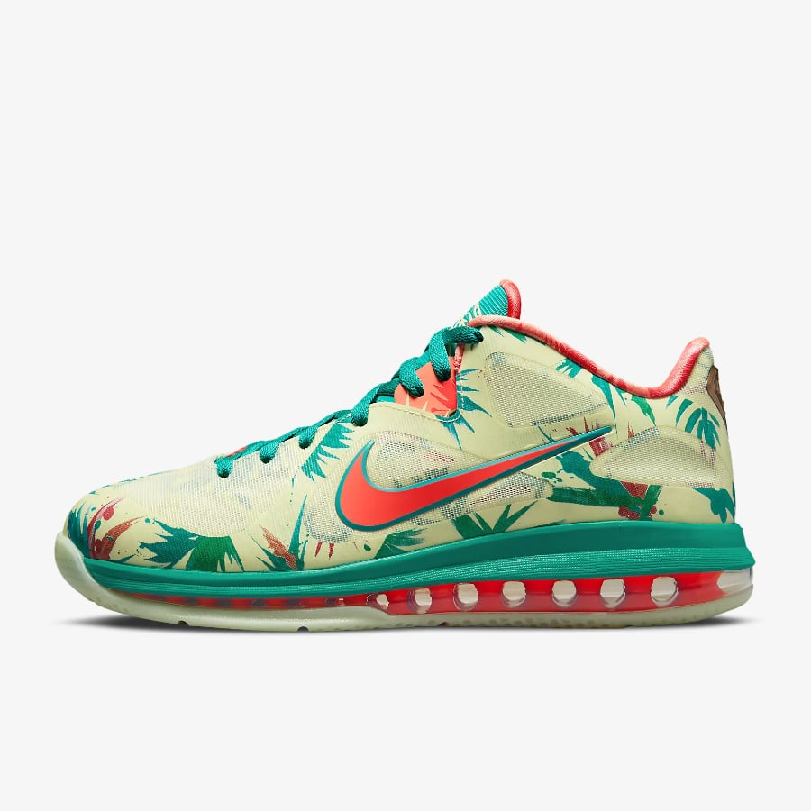 Nike LeBron 9 Low 'LeBronold Palmer' - White Lime/New Green/Bright Mango colorway on a light gray background. 