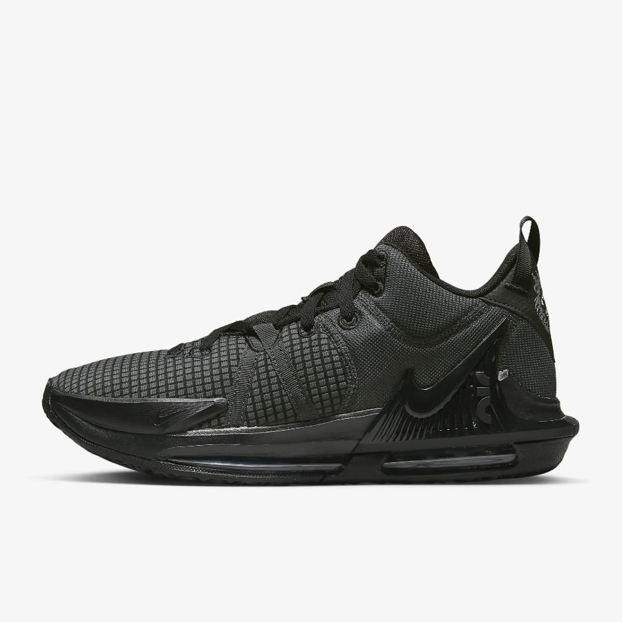 Nike LeBron Witness 7 - Black/Anthracite/Black colorway on a light gray background. 
