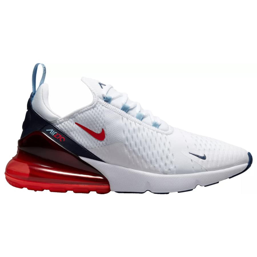 Nike Men's Air Max 270 Shoes - White/Midnight Navy/Red colorway on a white background. 