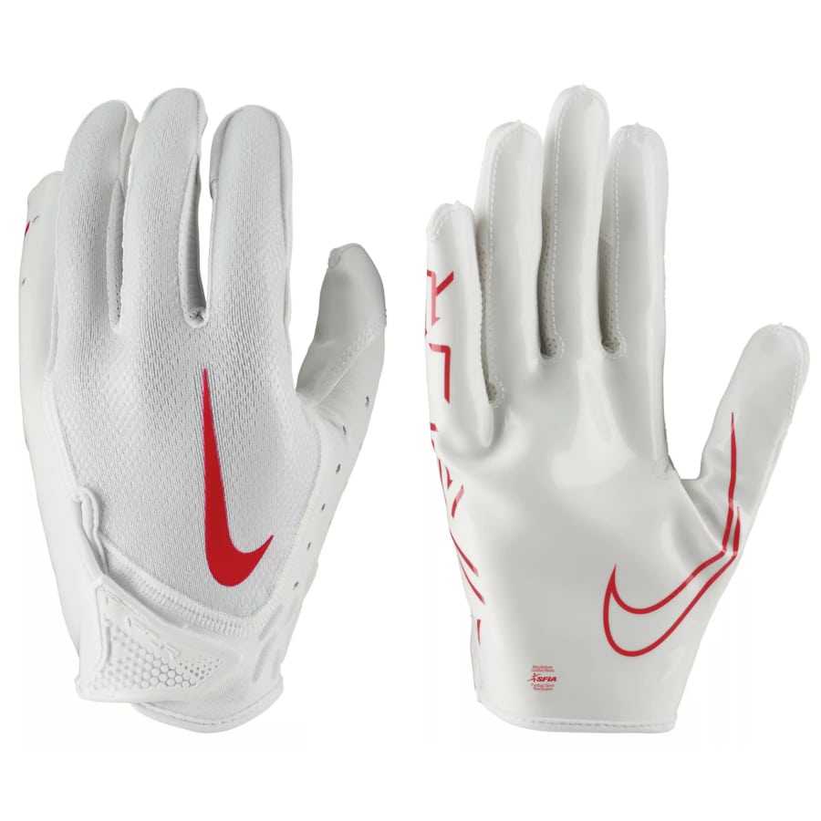 Nike Vapor Jet 7.0 Football Gloves - White/Red colorway on a white background.