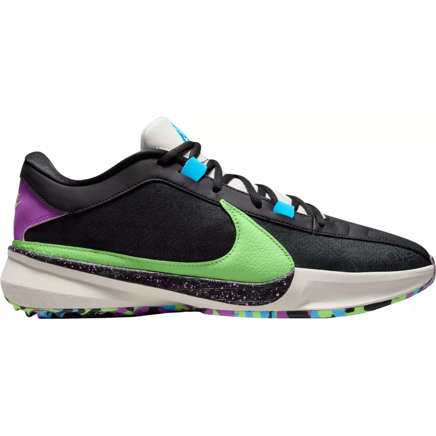 Nike Zoom Freak 5 Basketball Shoes - Black/Phntm/Fuchsia/Blue colored on a white background.