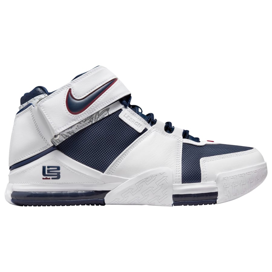 Nike Zoom LeBron 2 - White/Navy colorway on a light gray background.