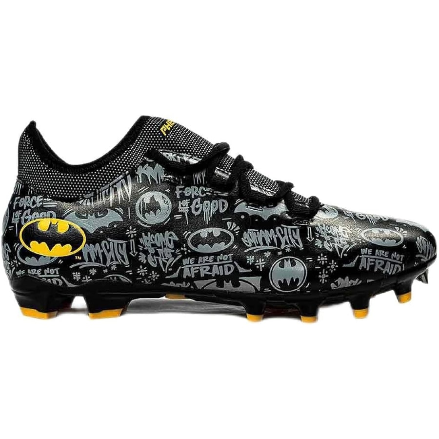 Phenom Elite Batman Football Cleats - Velocity 2.0 on a white background.