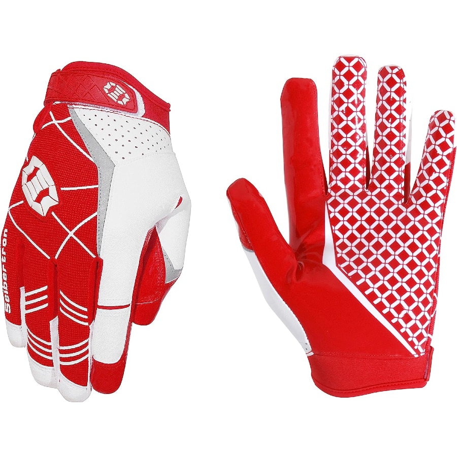 Seibertron Pro 3.0 Elite Ultra-Stick Sports Receiver Glove Football Gloves - Red/White colorway on a white background. 