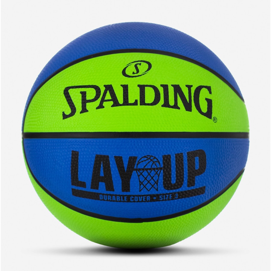 Spalding Layup Mini Rubber Outdoor Basketball on a light gray background.