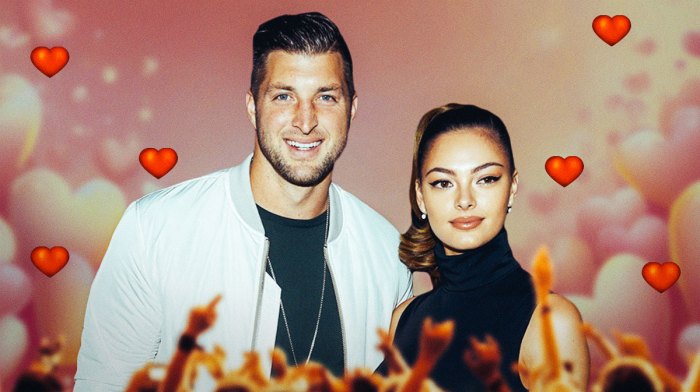 Tim Tebow and Demi-Leigh Nel-Peters surrounded by hearts.