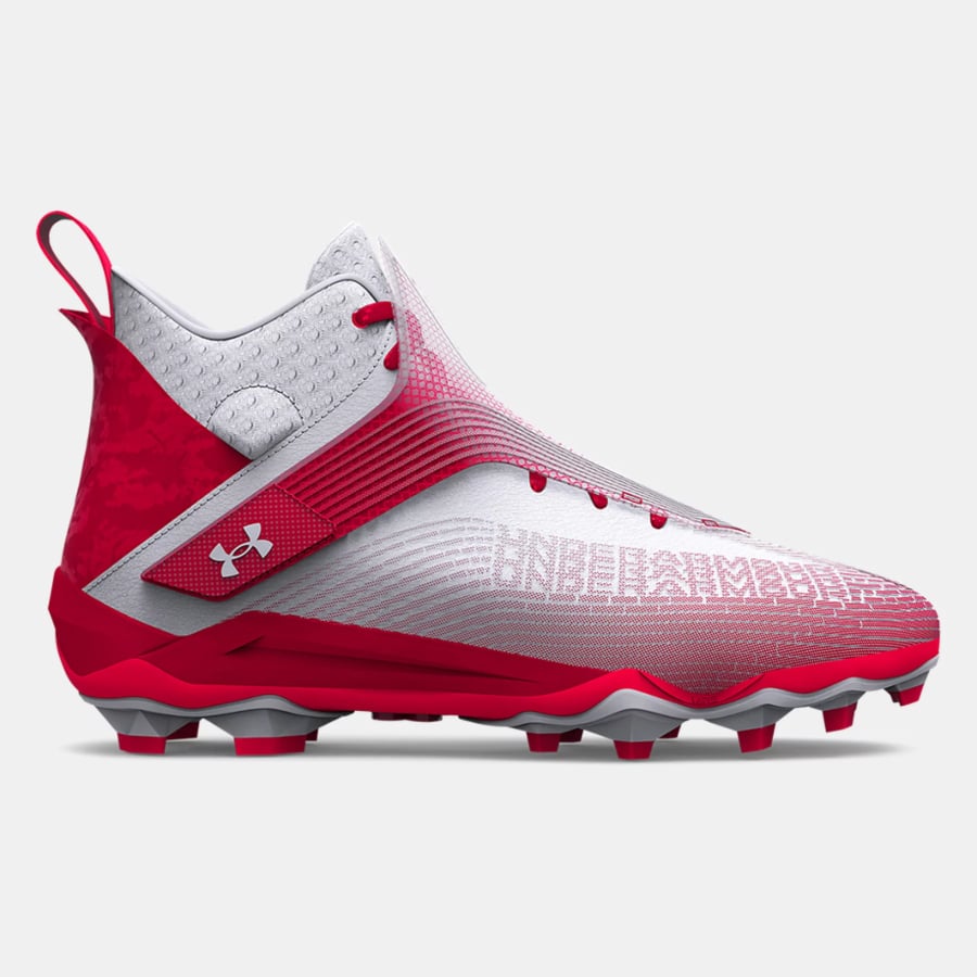 UA Highlight Hammer MC Football Cleats - White/Red colorway on a white background. 