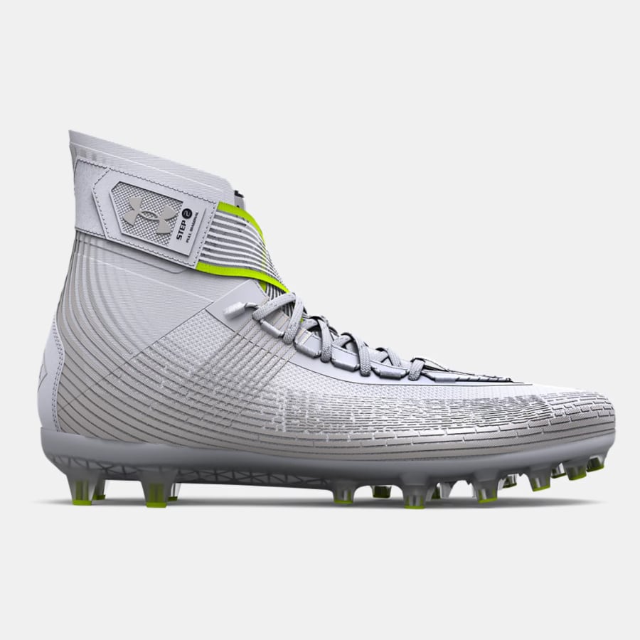 UA Highlight MC Football Cleats - White colored on a light gray background. 