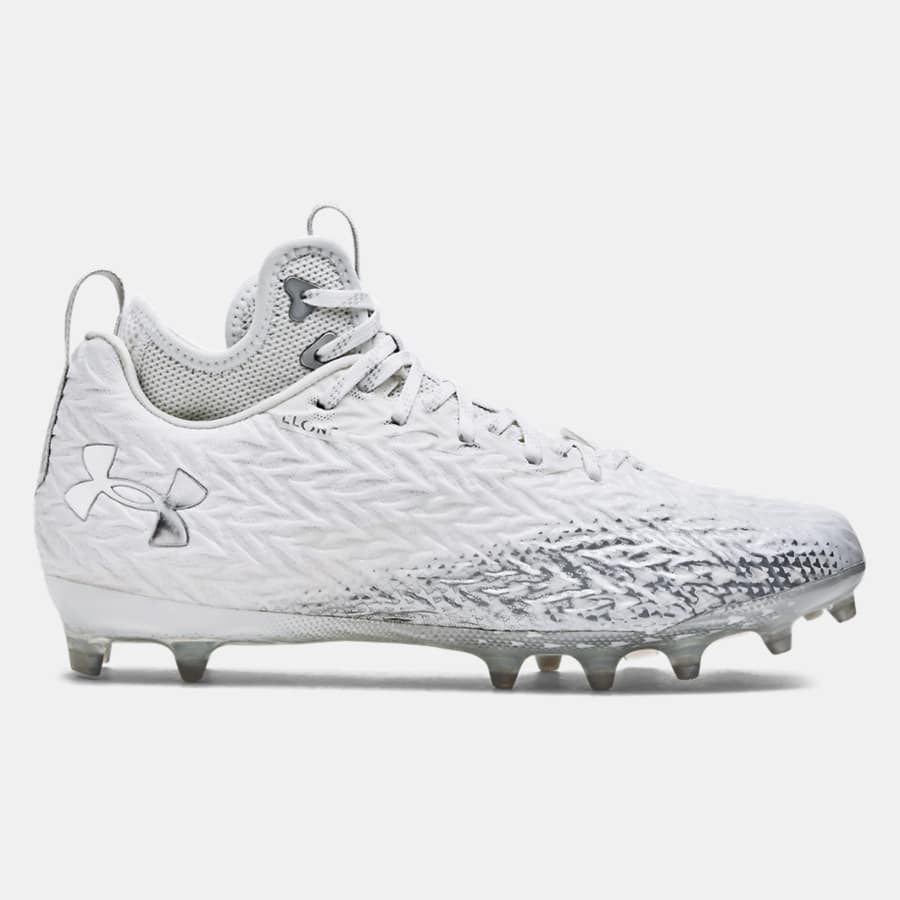 UA Spotlight Clone 3.0 MC Football Cleats - White/Silver colorway on a white background. 
