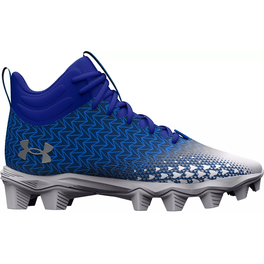 UA Spotlight Franchise 3 Mid RM Football Cleats - Royal blue/White colorway on a white background. 
